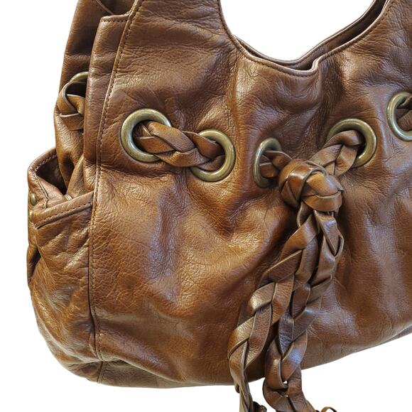 Kooba Hobo Bag Shoulder Carla Braided Tassels Brown Leather Drawstring Satchel - Picture 2 of 16